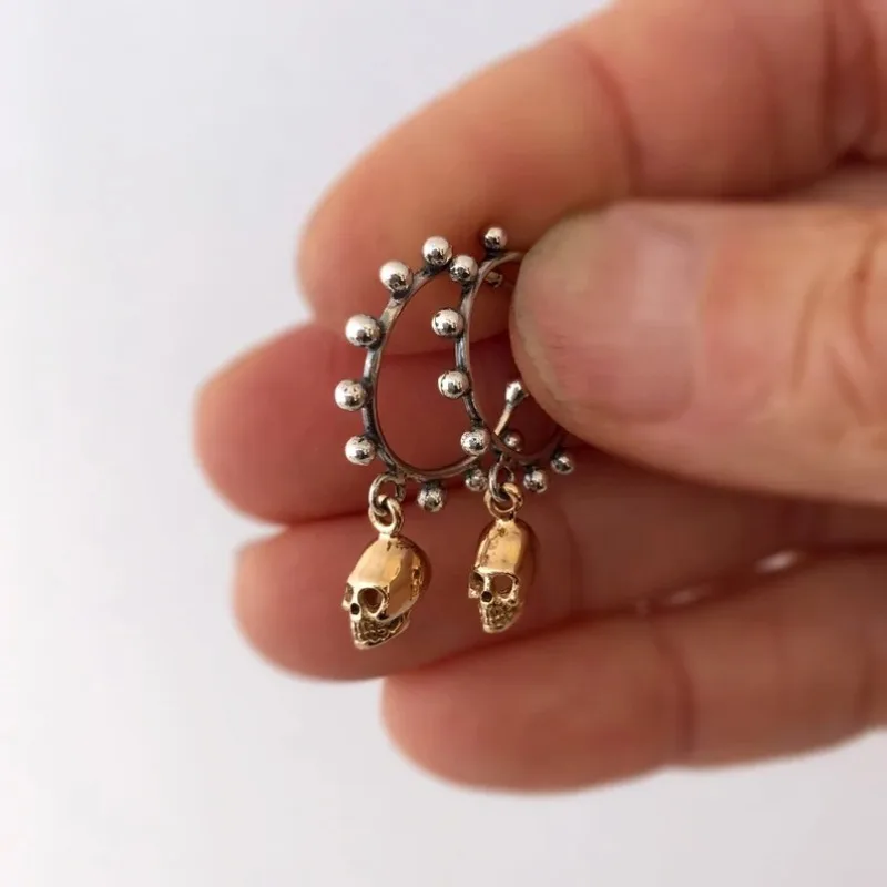 JK Two Tone Silver Beaded Hoop Mini Gold Skull Charm Dangle Women Earrings, Edgy Gothic Unique Bridal Wedding Earrings, Bride Gifts Fit Halloween, Punk Party & Dark Themed Wedding Holiday Events