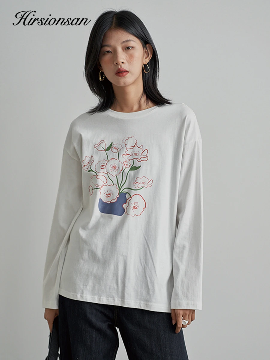 

Hirsionsan Printed Long Sleeved T-shirt for Women Loose Fit Pure Cotton Round Neck Basic Top