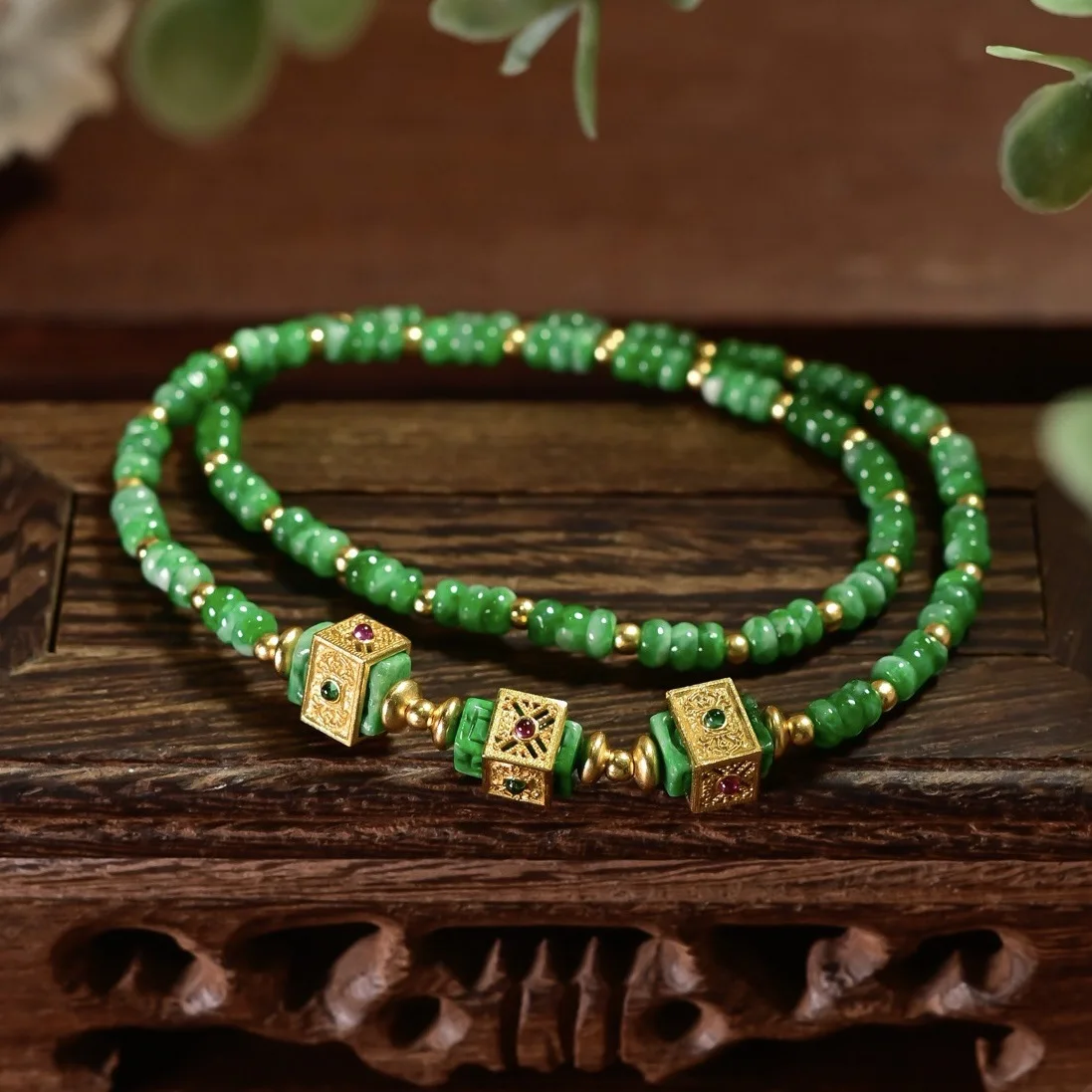 S925 Gold-plated Double Strand Bracelet, Natural Grade A Green Jadeite Disc Beads Vintage Women Wrist Jewelry