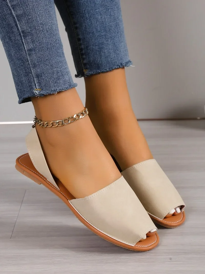 Sandalias de tacón bajo con punta abierta para mujer, zapatos informales de boca baja, Color liso, para exteriores, novedad de verano, 2024