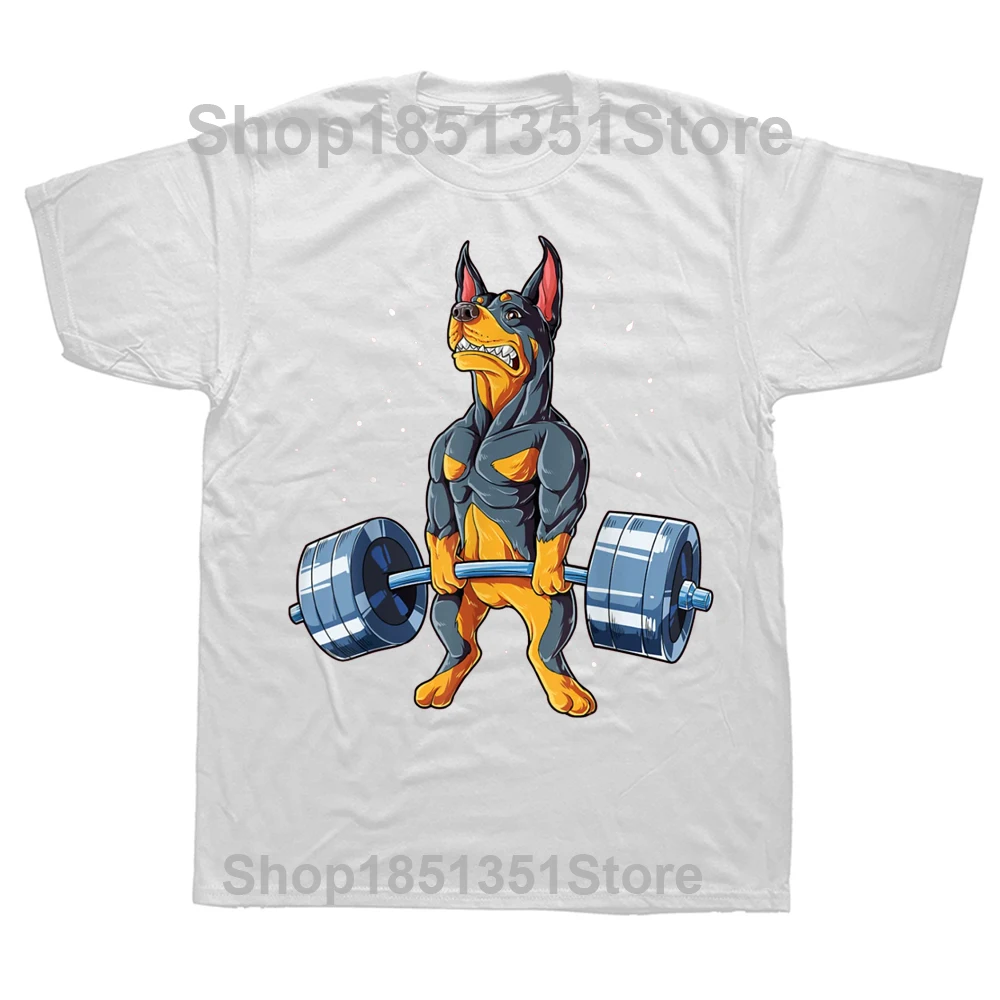 Doberman Dog Weightlifting Funny Deadlift Gym T Shirts Graphic Cotton Streetwear Short Sleeve Birthday Gift Summer Style T-shirt