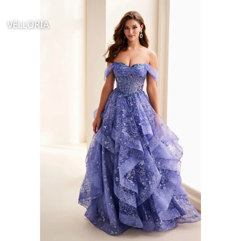 

Blue Lace Women's Ball Gown Sexy One Shoulder Party Dress Luxury Shiny Layered Pleated Evening Dress Vestdos De FiestaCustomized