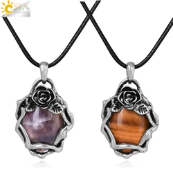 CSJA Vintage Natural Stone Oval Necklace Cabochon Crystal Pendant Rose Flower Charm Necklaces for Women Christmas Jewelry H087
