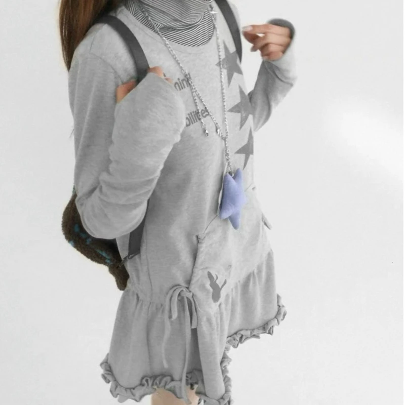 Japanese Y2k Aesthetics Party Mini Dress Women Vintage Sweet Star Print Long Sleeves Drawstring Dresses Korean Fashion Dresses