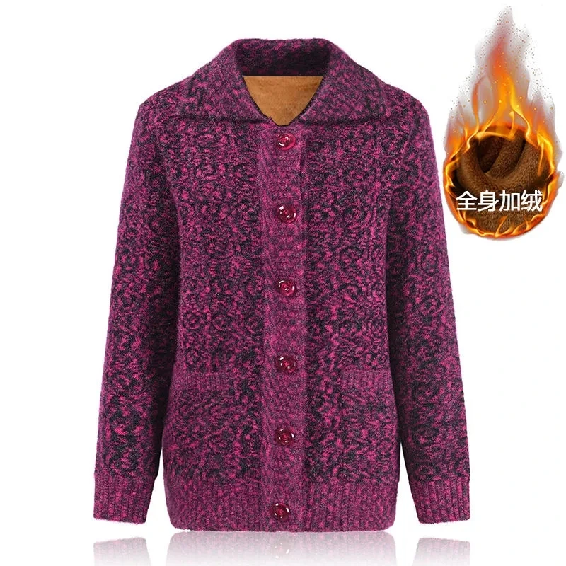 Middle-Aged Elderly Women\'s Knitted Sweater Cardigan Lapel Add Velvet Thick Sweater Loose Long-Sleeved Autumn Winter Coat Tops