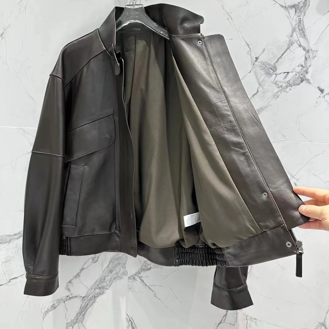 Cappotto con colletto rialzato in pelle di pecora Giacca corta con cerniera a maniche lunghe Giacca in pelle da donna