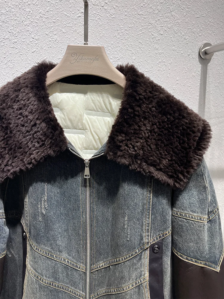 2025年秋冬 ナチュラルラムシープファー襟付き 厚手 レディース 暖かいデニムジャケットコート ダックダウンジャケット 高級アウター
