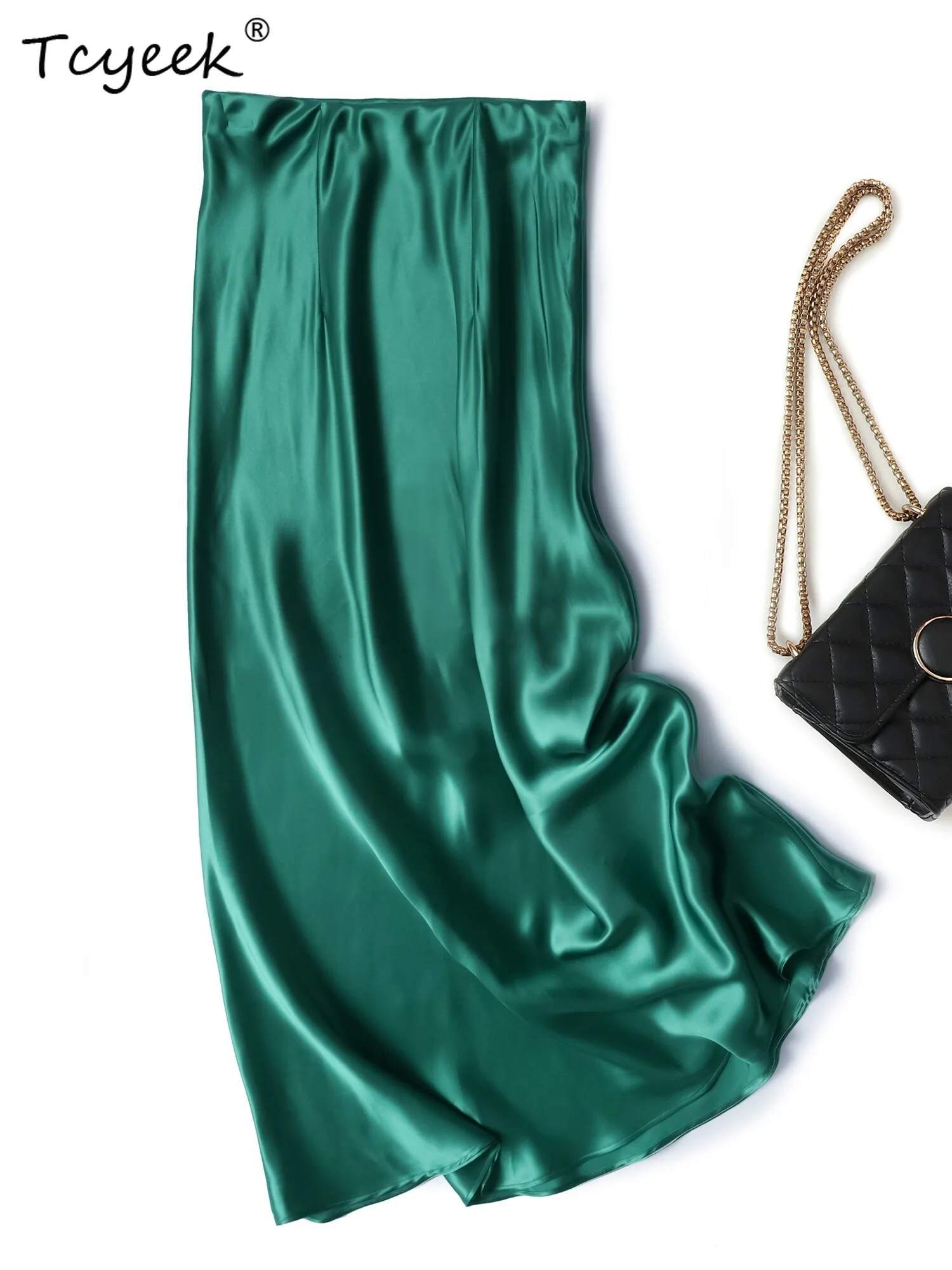 Tcyeek 100% マルベリーシルク 春夏 ハイウエスト Aライン サテン 無地 フィッシュテール ロング レディース スカート