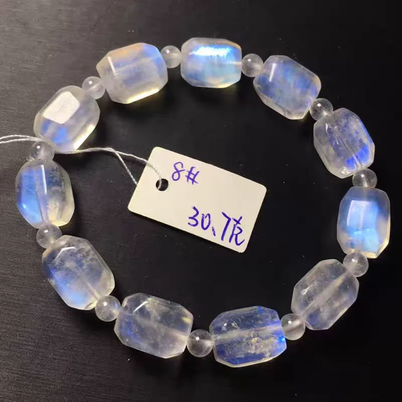 Natural Blue Light Moonstone Stretch Crystal Bracelet Clear Barrel Carved Beads 13x9mm Bracelet AAAAA
