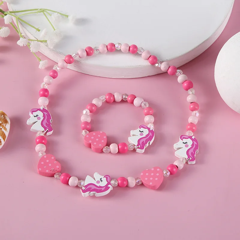 Fashion Necklace Bracelet Sets Natural Wood Beads Cute Cartoon Pattern For Jewelry Girl Birthday Gift Jewelry Sets