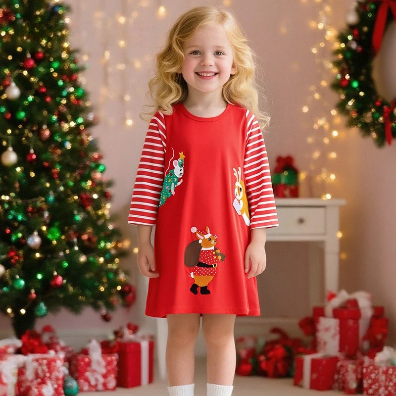 

European Style Kids Dress 2025 Autumn New Round Neck Christmas Embroidery Long Sleeve Girls Dress for Holiday Party