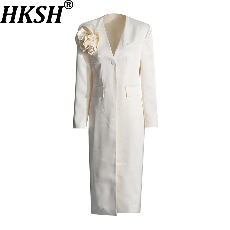 

HKSH весенне-осенний новый женский длинный плащ с v-образным вырезом на одной пуговице, трехмерный цветочный карман, французская элегантная куртка HK13649