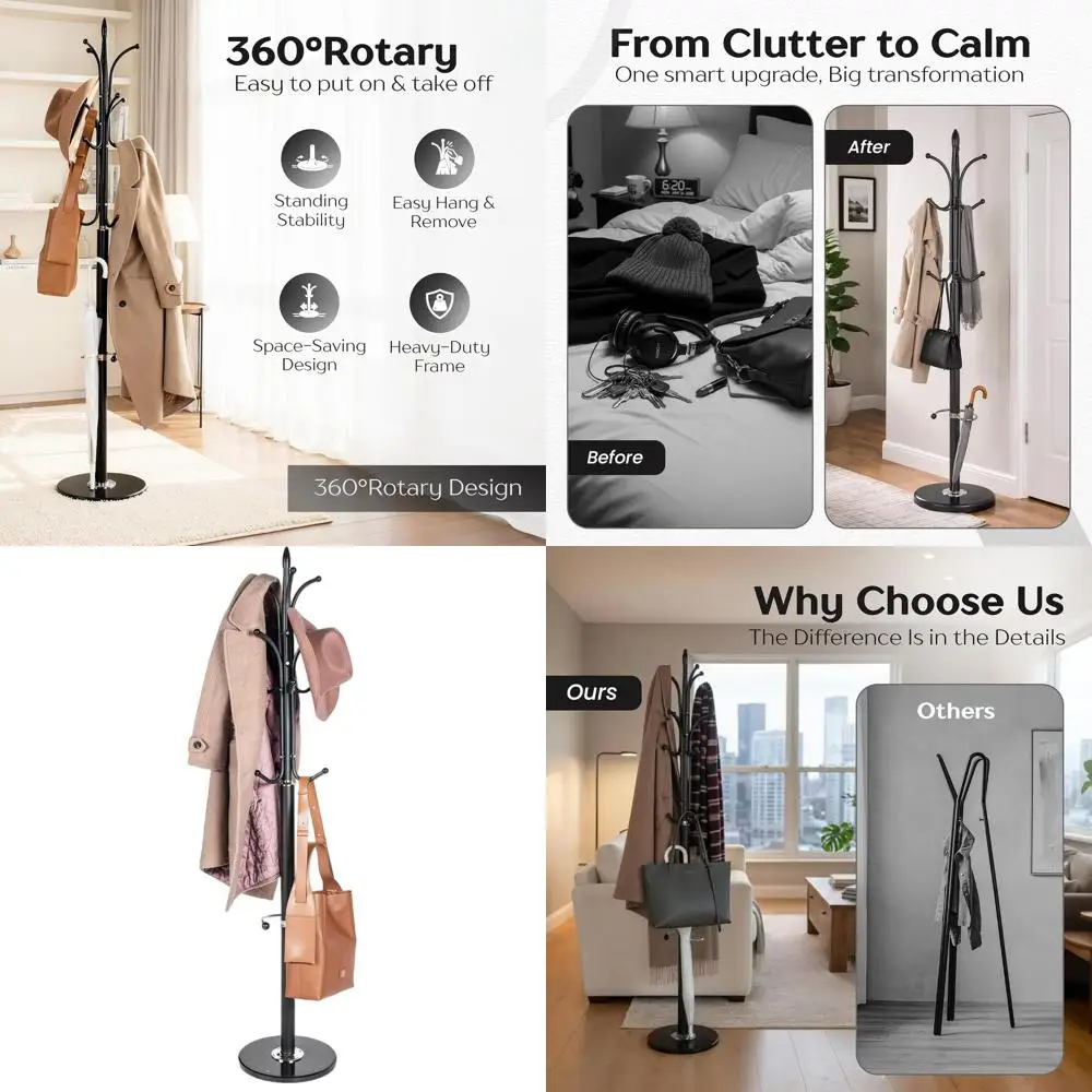 

Стильная металлическая вешалка для одежды с основанием из цельного мрамора — 12 крючков и держатель для зонтов для дома и офиса