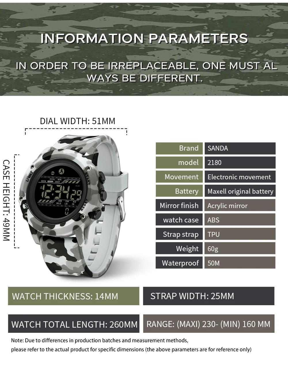 패션 SANDA 2180 학생 전자 다기능 위장 알람 스포츠 빛나는 열량계 단계 계산 디지털 시계