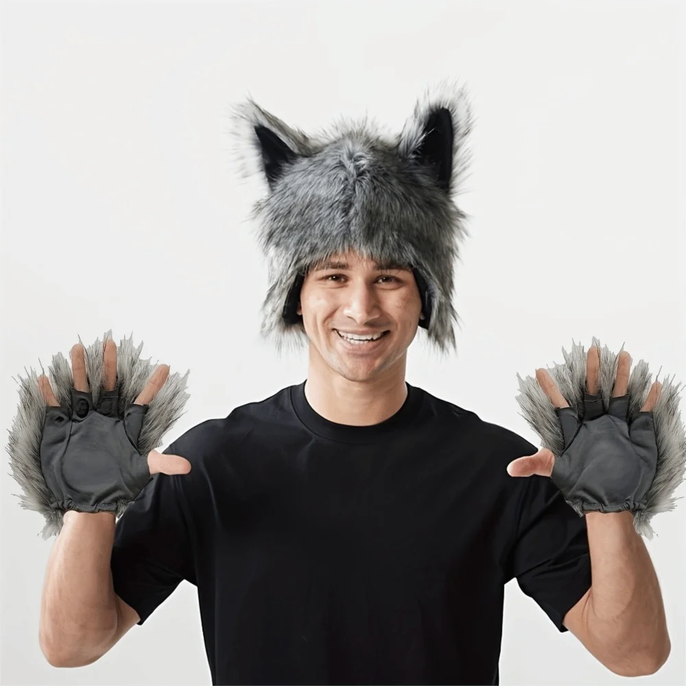 Props Grey Wolf Paw Cosplay Set Fluffy Texture Hairy Werewolf Paw Mitten Plush Faux Fur Cosplay Wolf Claws Carnival Party