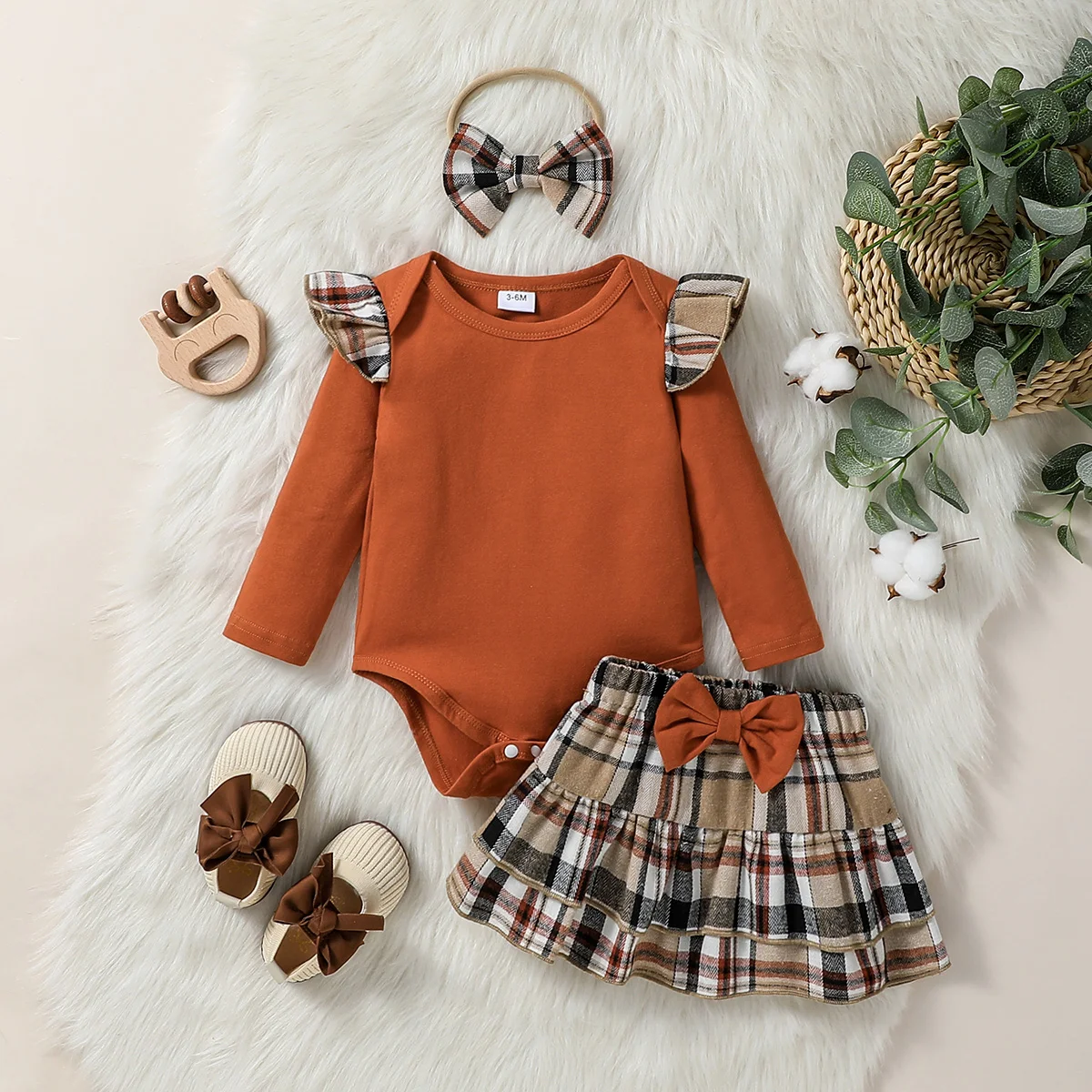 3PCS Newborn Baby Girls Autumn Solid Bodysuit +Plaid Skirt With Bow  Suit Infant Baby Preppy Style Set