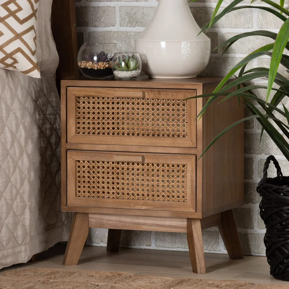 Baden Mid-Century Modern Walnut Brown Finished Wood 2-Drawer End Table with Rattan