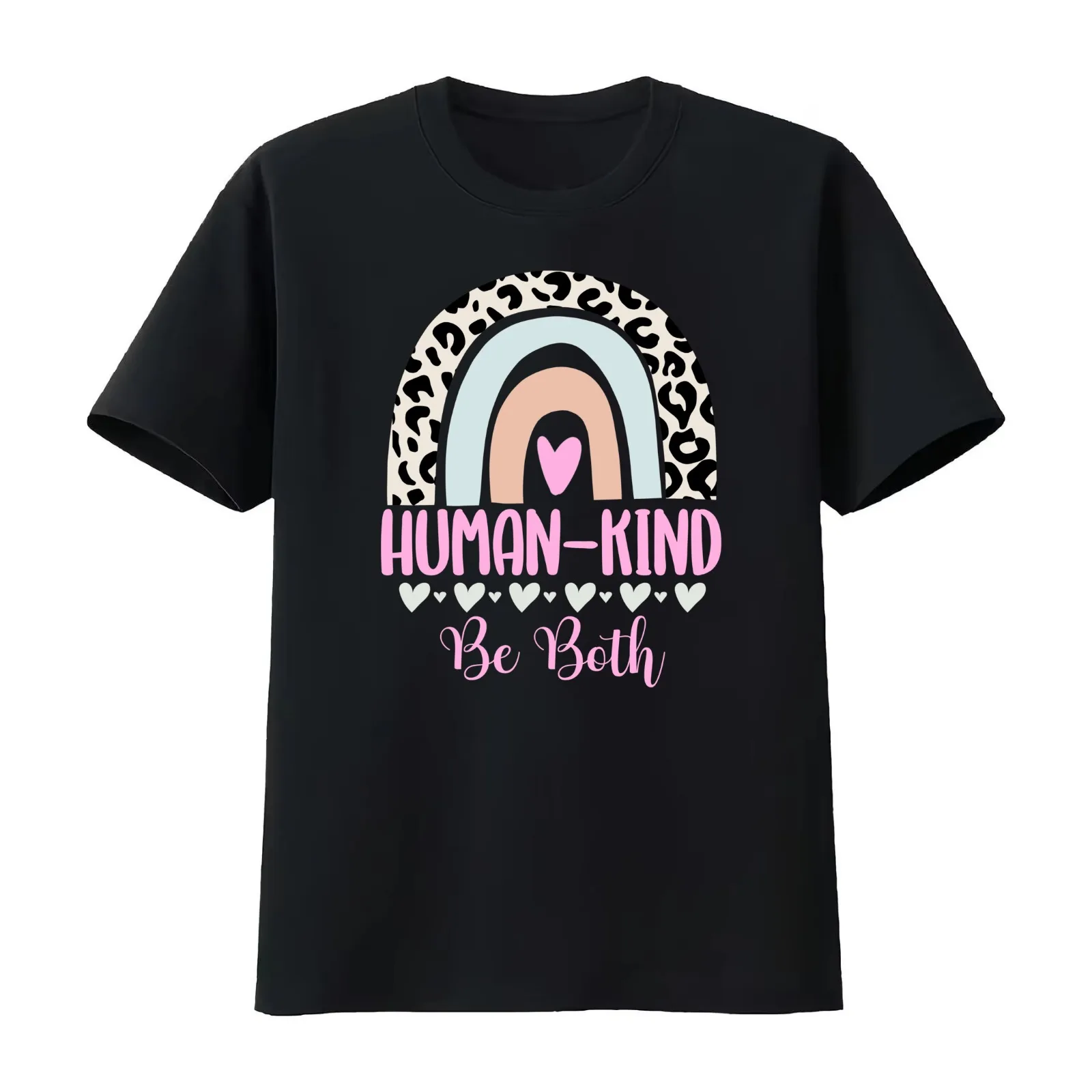 Boho Leopard Rainbow Human-Kind Be Both Support Equality T-Shirt Summer Casual Cotton Tee Oversized Streetwear Tops