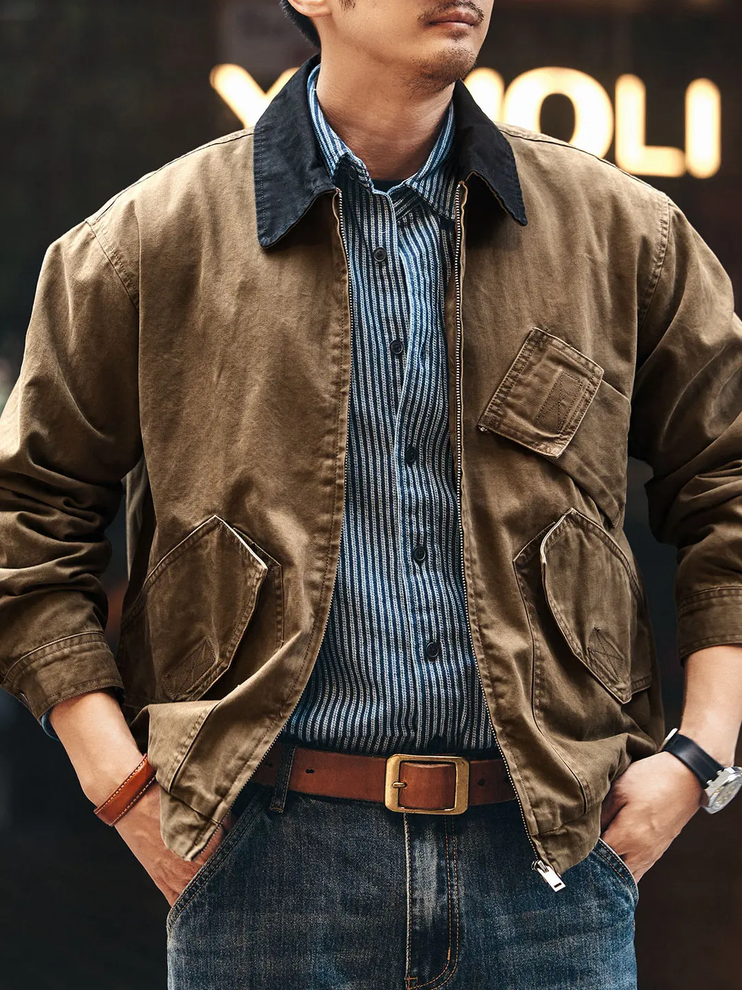 

American Retro Contrast Color Collar Workwear Jaet Loose Casual Men's Spring Autumn Top Barn Sle Long Sve Zipper