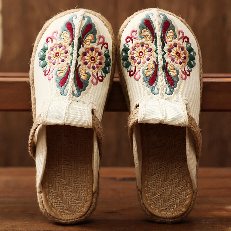 Shoes Women Slippers Casual Soft Luxury Lace-Up Sewing Slip-On Patchwork Round Toe PU Leisure Ethnic TPR Embroider Floral Canva