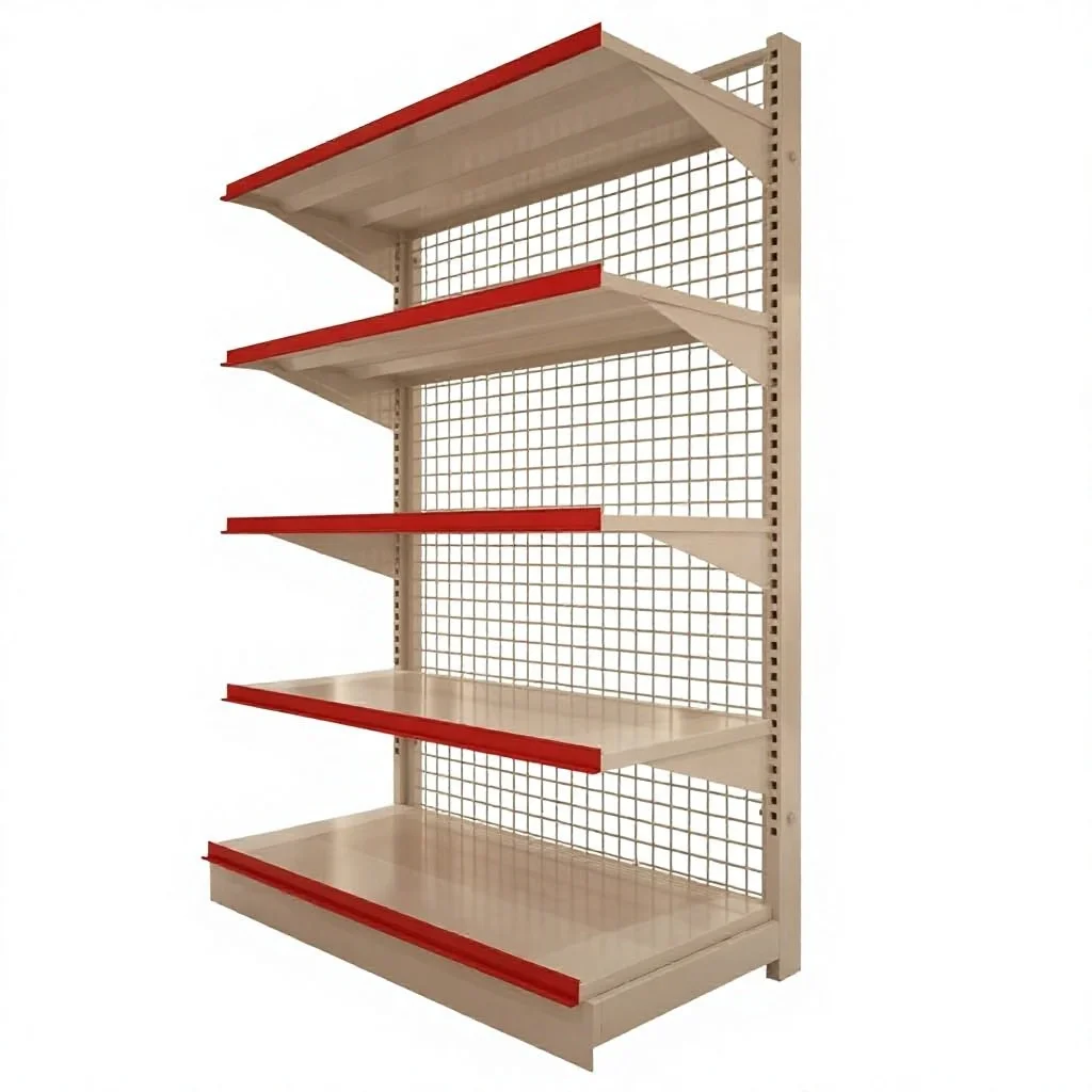 Customizable Metallic Modern Single Sided Perforated Shelf Epoxy Powder Coated Supermarket Shelving Gondola Display