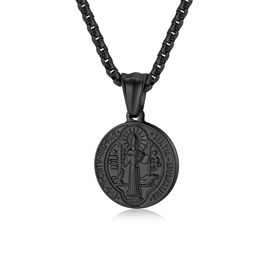 European And American Jewelry St. Benedict The Exorcist Stainless Steel Necklace Men And Women Titanium Steel Round Coin Pendant