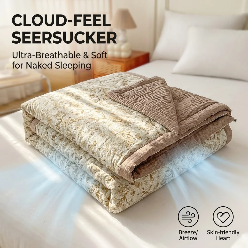Premium Crinkle Seersucker Summer Quilt Lightweight Shabby Chic Floral Comforter High Density Breathable Blanket for Naked Sleep