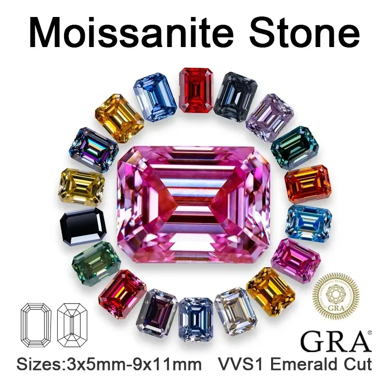 Moissanite Loose Stone Emerald Cut Multiple Colors VVS1 Pass Diamodn Tester Charms Beads for Jewelry Making with Certificate