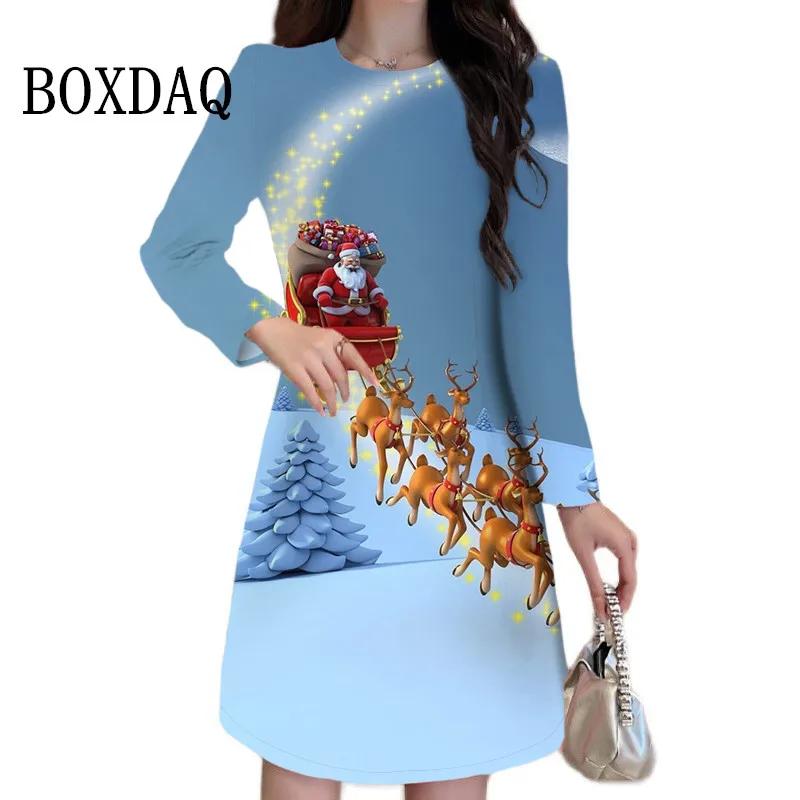 Winter Christmas Tree Dress Women Elegant Casual 3D Christmas Crutch Print Dress New Oversized Long Sleeve Loose Party Clothing