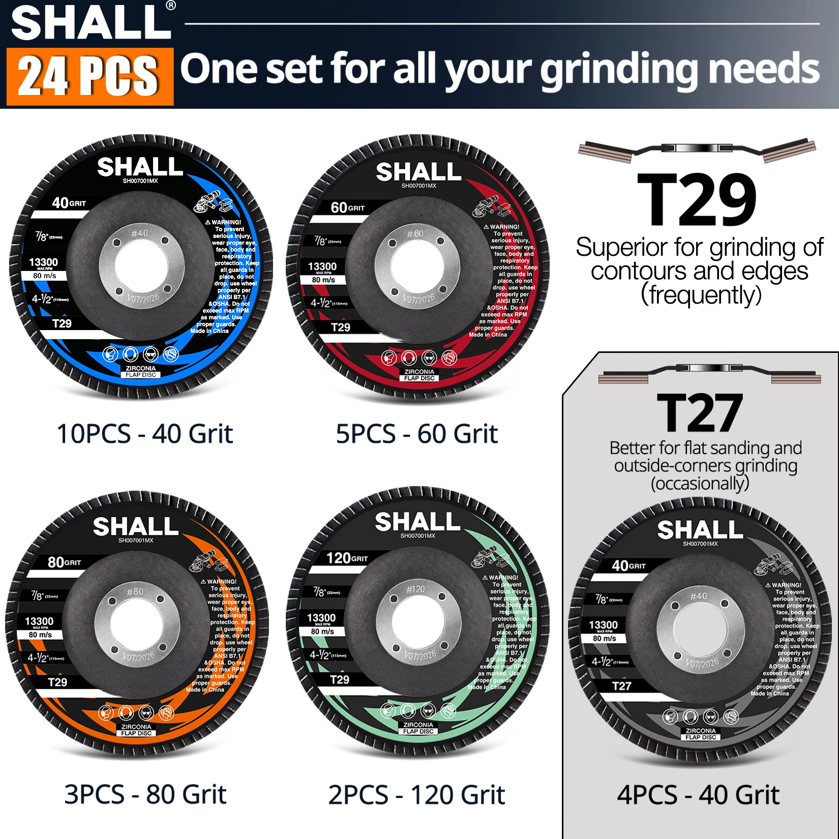 SHALL 24-Pack Flap Disc 115mm Zirconia Grinding Wheel 40/60/80/120 Grit T29 & 40 Grit T27 Angle Grinder Abrasive Sanding Disc