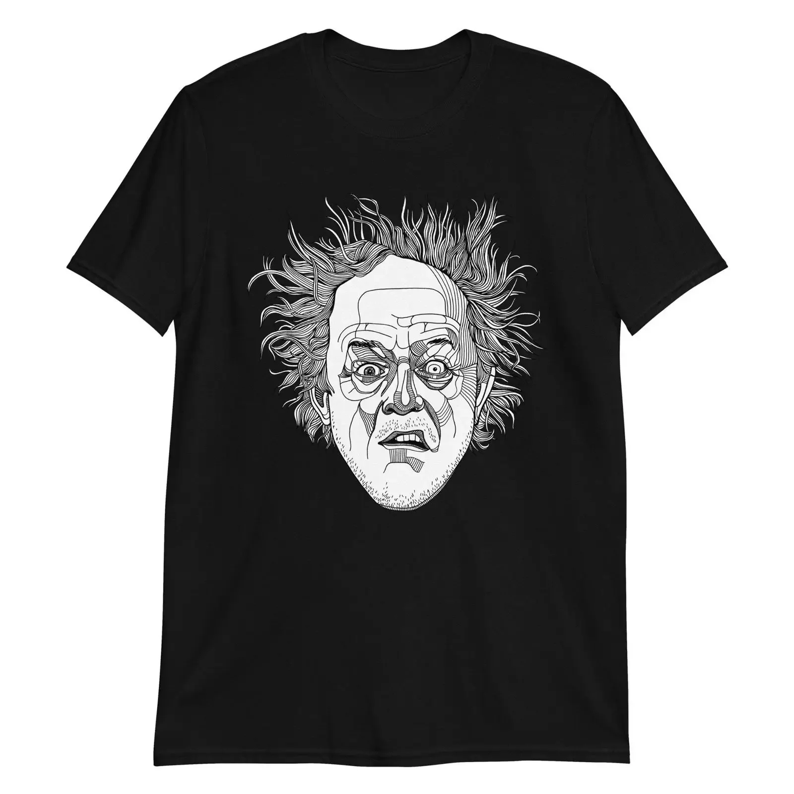 May include Black t shirt with a white line drawing of man wild hair and surprised expression vintage Washed Versatile Stylish