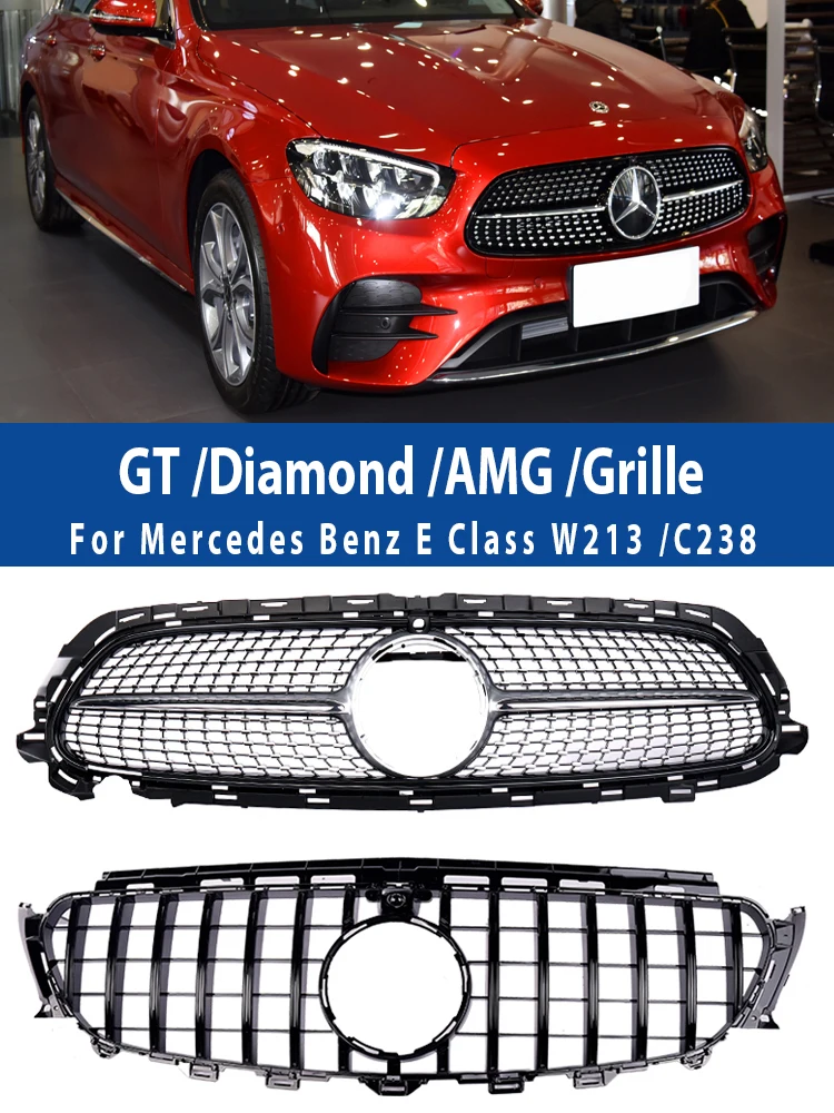 Front Grille For Mercedes Benz E Class W213 C238 GT Panamericana Diamond E53 E63 Style Facelift AMG Black Silver Chrome Grill