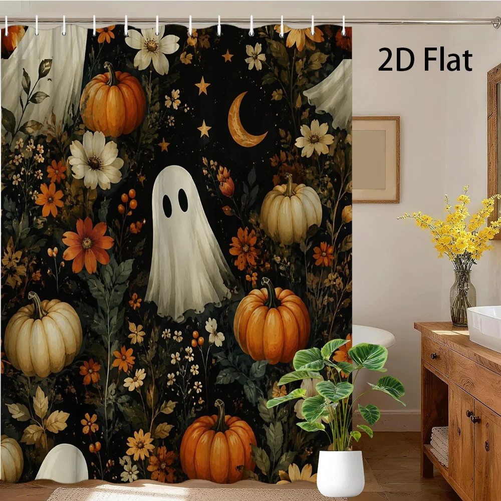 Vintage Floral Ghost Shower Curtain, Halloween Pumpkin Moon Decor, Dark Cottagecore Waterproof Polyester Bath Screen, Home