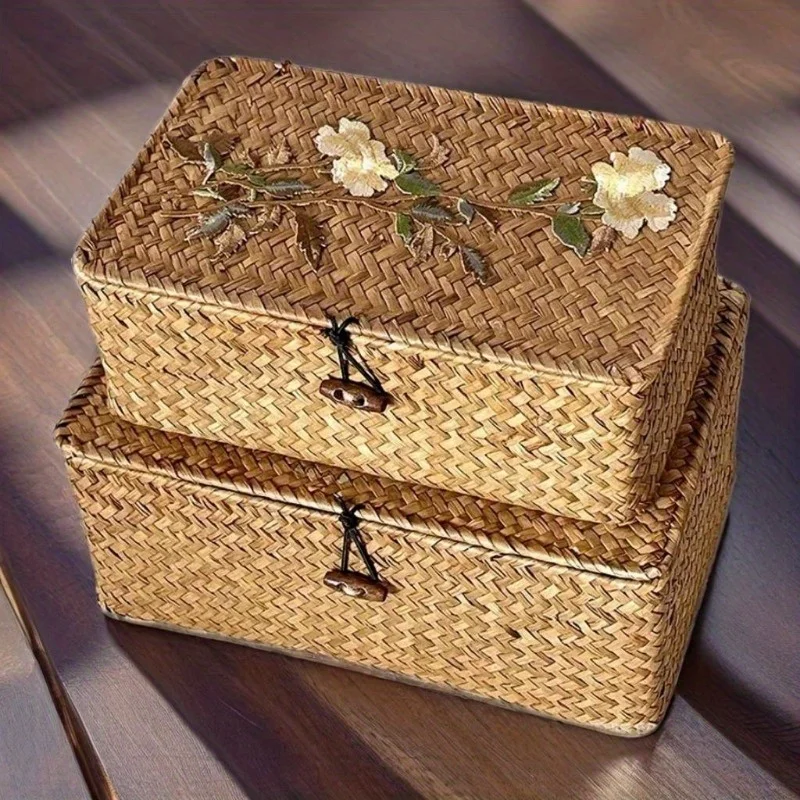 Regalkörbe mit Deckel Handgewebte Aufbewahrungsbox Korb Desktop-Make-up-Organizer Mehrzweckbehälter, Aufbewahrungskorb mit Deckel