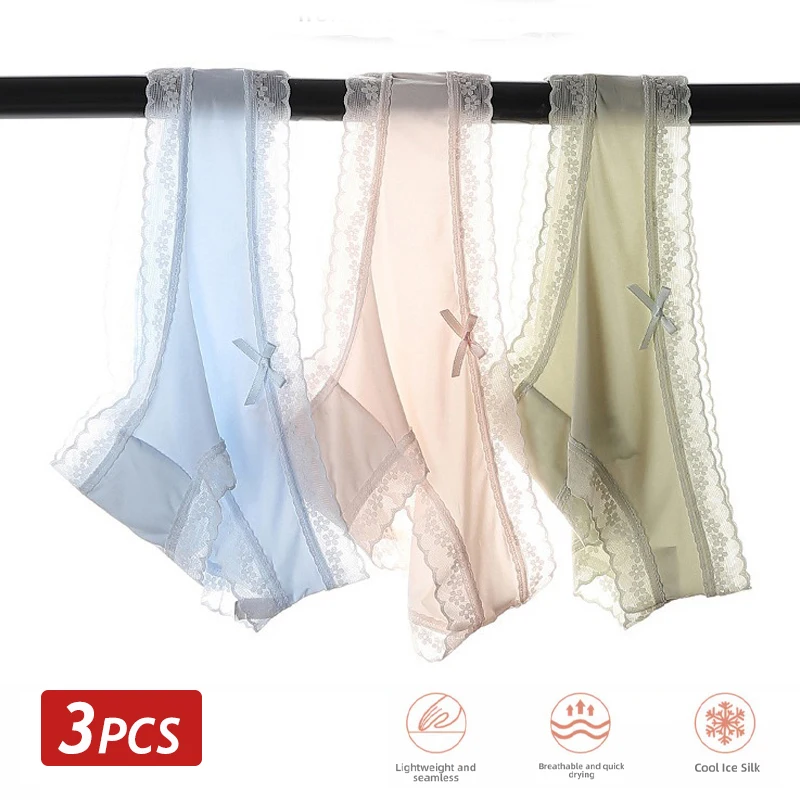 3PCS/Set Seamless Panties Ice Silk Lace Perspective Briefs Ultra Thin Breathabl…