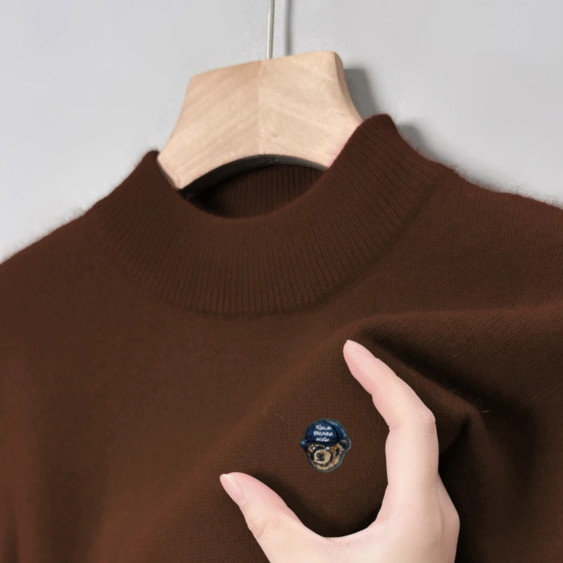 

Брендовое качество, мужской вязаный пуловер с вышивкой медведя, Лидер продаж, утепленный шерстяной свитер с воротником-стойкой, зимняя деловая теплая мягкая трендовая мужская одежда