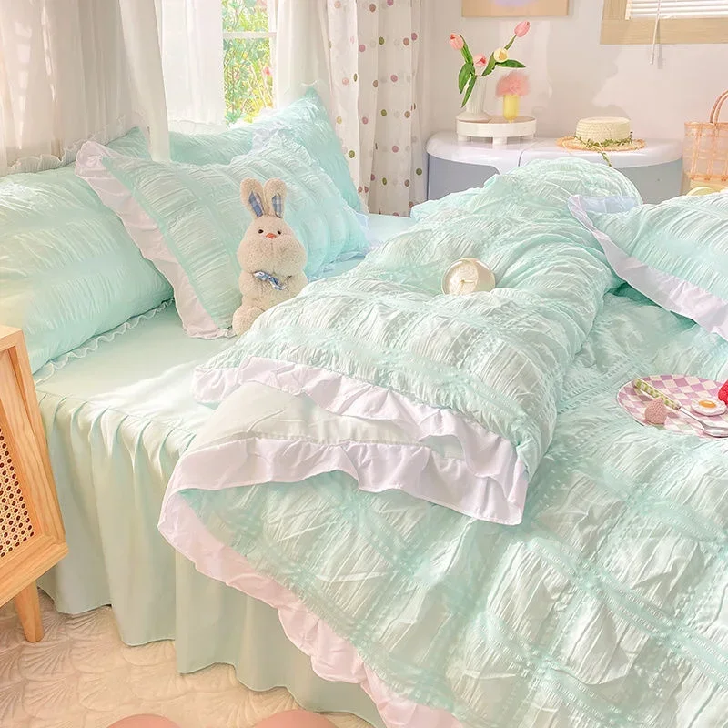 Kawaii Princess Seersucker Bedding Set Luxury Solid Color Duvet Cover Bed Sheet Pillowcase Single Double Size For Girl Decor