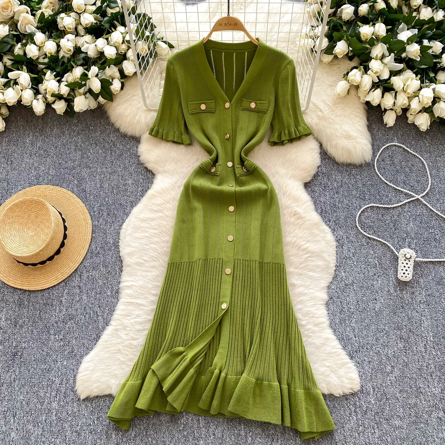 

Long Dress Women Knitted Dresses Single Breasted A Line Vestidos Ruffless V Neck Short Sleeve Elegant Y2k High Waist Party 2025