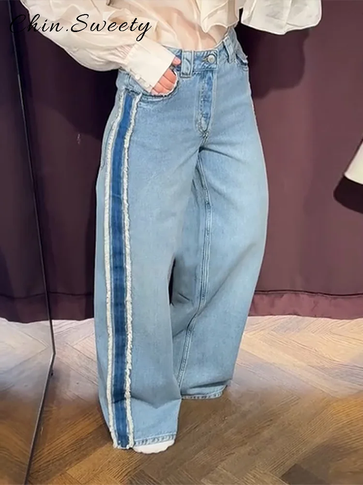 

Fashion Patchwork Denim Trousers Women Loose Solid Button High Waist Wide Leg Pants 2025 Spring Summer Lady High Street Jean New