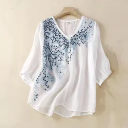 Thin Cotton Linen Ladies Tshirt Fashion Embroidered T-shirts Women Clothes Summer Loose T Shirt Woman Y2k Casual Tops Tee Blusas