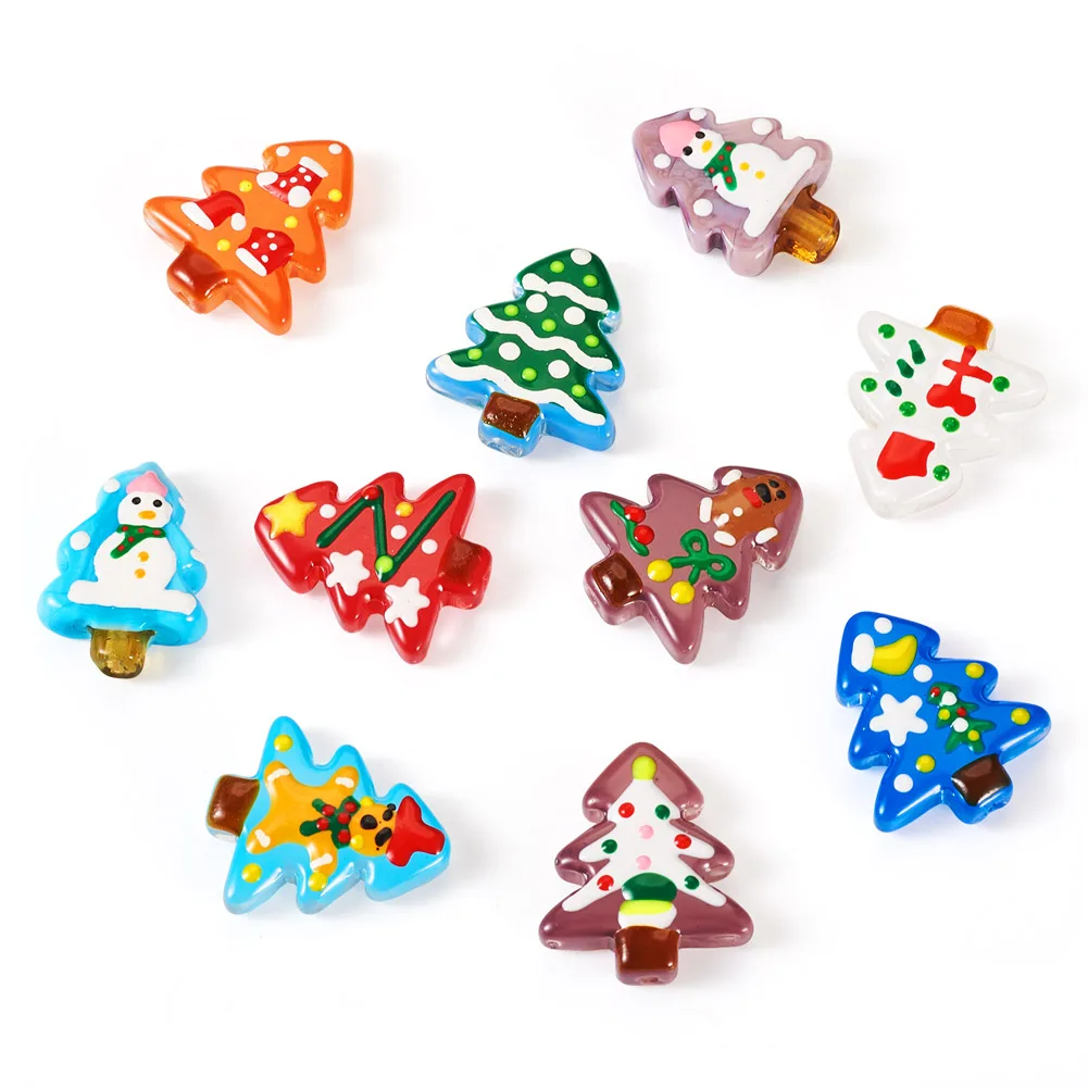 10pcs Christmas Tree Shape Handmade Lampwork Beads Exquisite Imitation Graffiti Christmas Bead DIY Jewelry Making Accessories