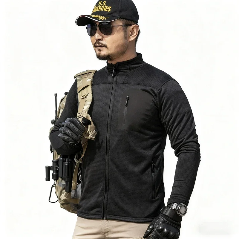 Male Autumn and Winter Outdoor Sports Fleece Jacket Lightweight Tactical Breathable Thin Warm Coat with Zippered Chest Pocket