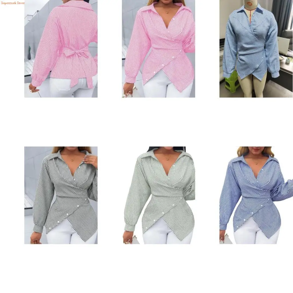 

Q5WE Stripes V Neck Wrap Blouse for Women Fashion Sexy Fit Long Sleeve Buttons Shirts Casual Cozy Tops