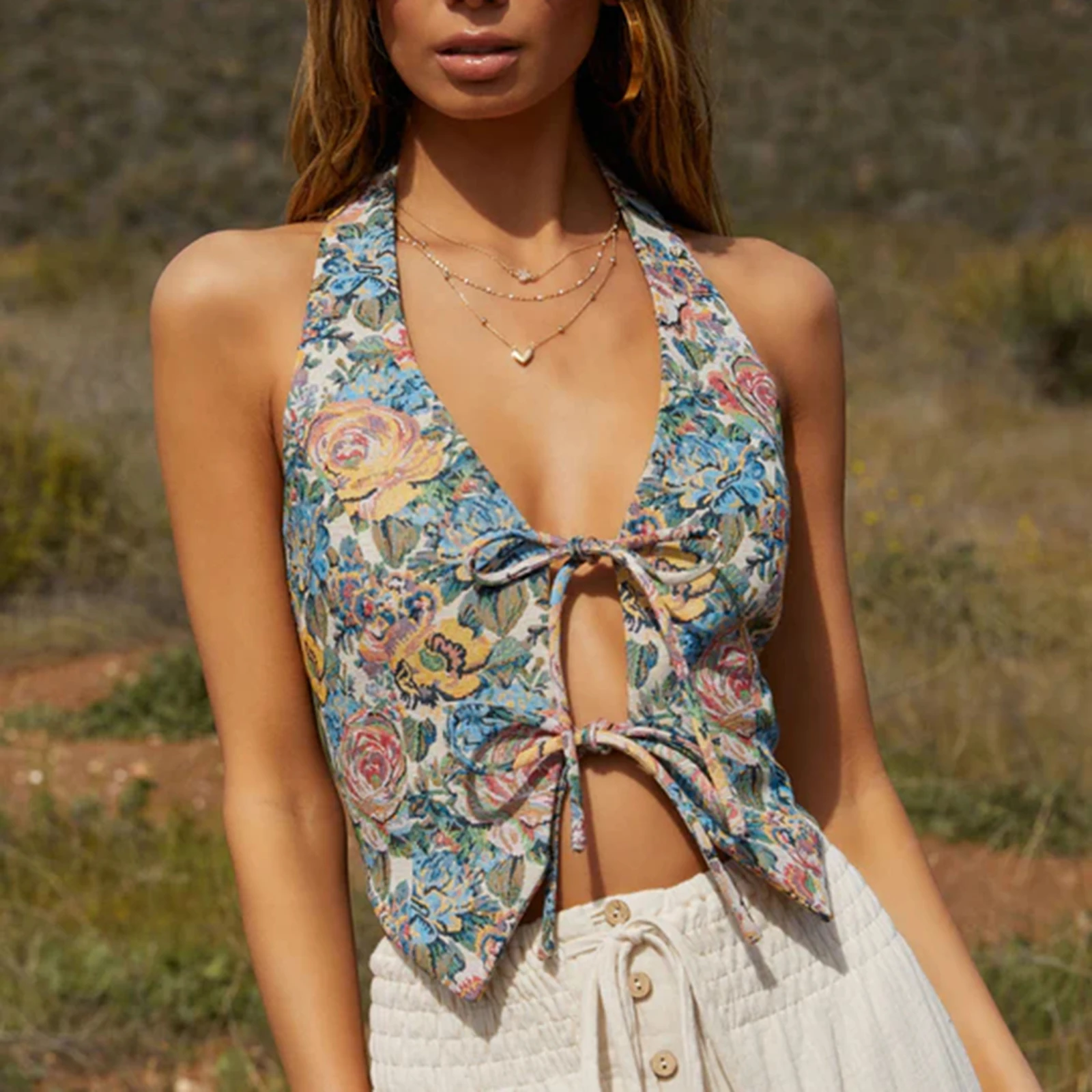 Women Retro Floral Print Tops Summer Tie Front Halter Backless Shirts Sleeveless Vest for Streetwear Aesthetic Clothes