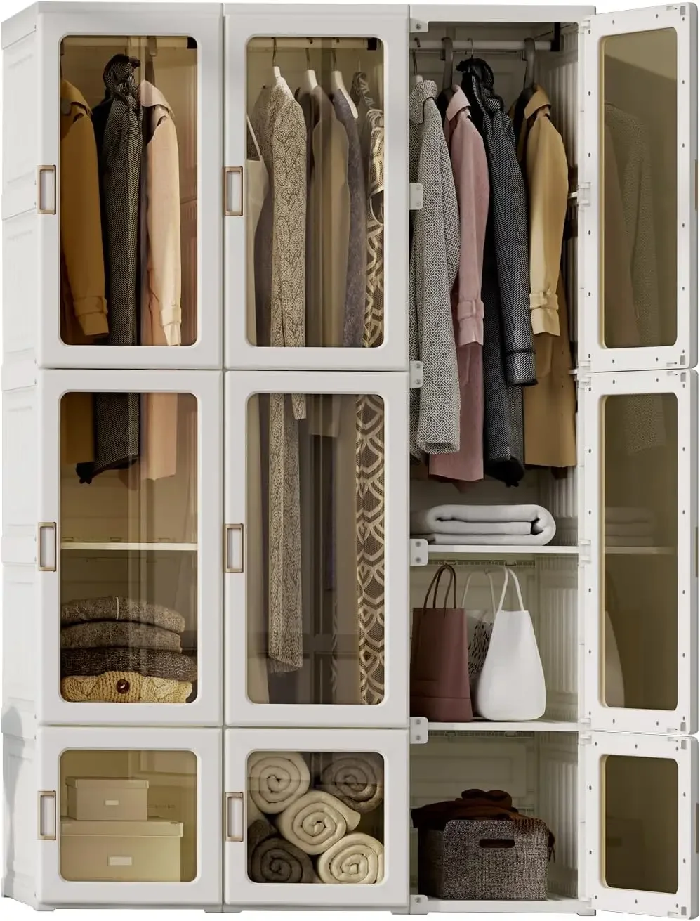 منظم تخزين خزانة الملابس المحمول للملابس، ألواح أبواب شفافة، مناسب لغرفة المعيشة وغرفة النوم وخزانة الملابس البلاستيكية