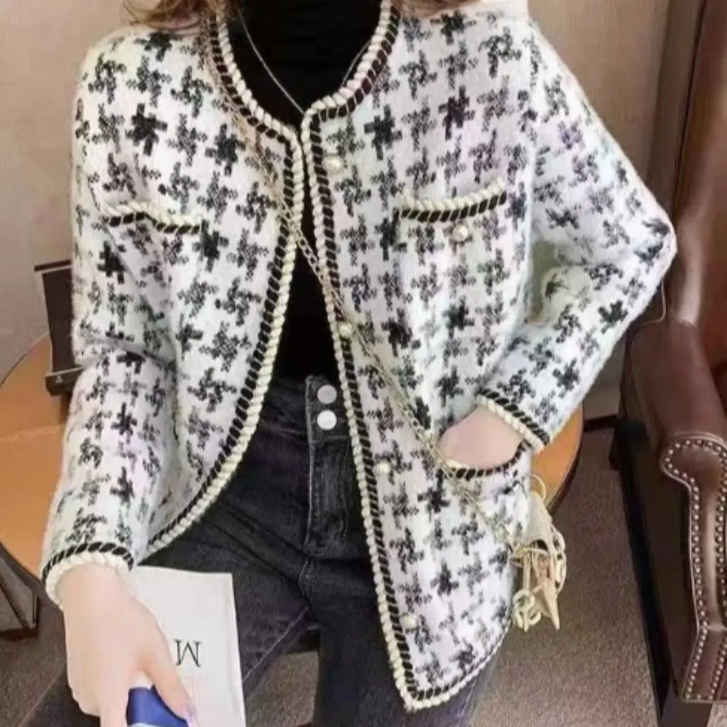 - مستوحاة المرأة معطف قصير تقليد المنك المخملية houndstooth منقوشة سترة النمط الغربي الخريف الشتاء سترة نسائية