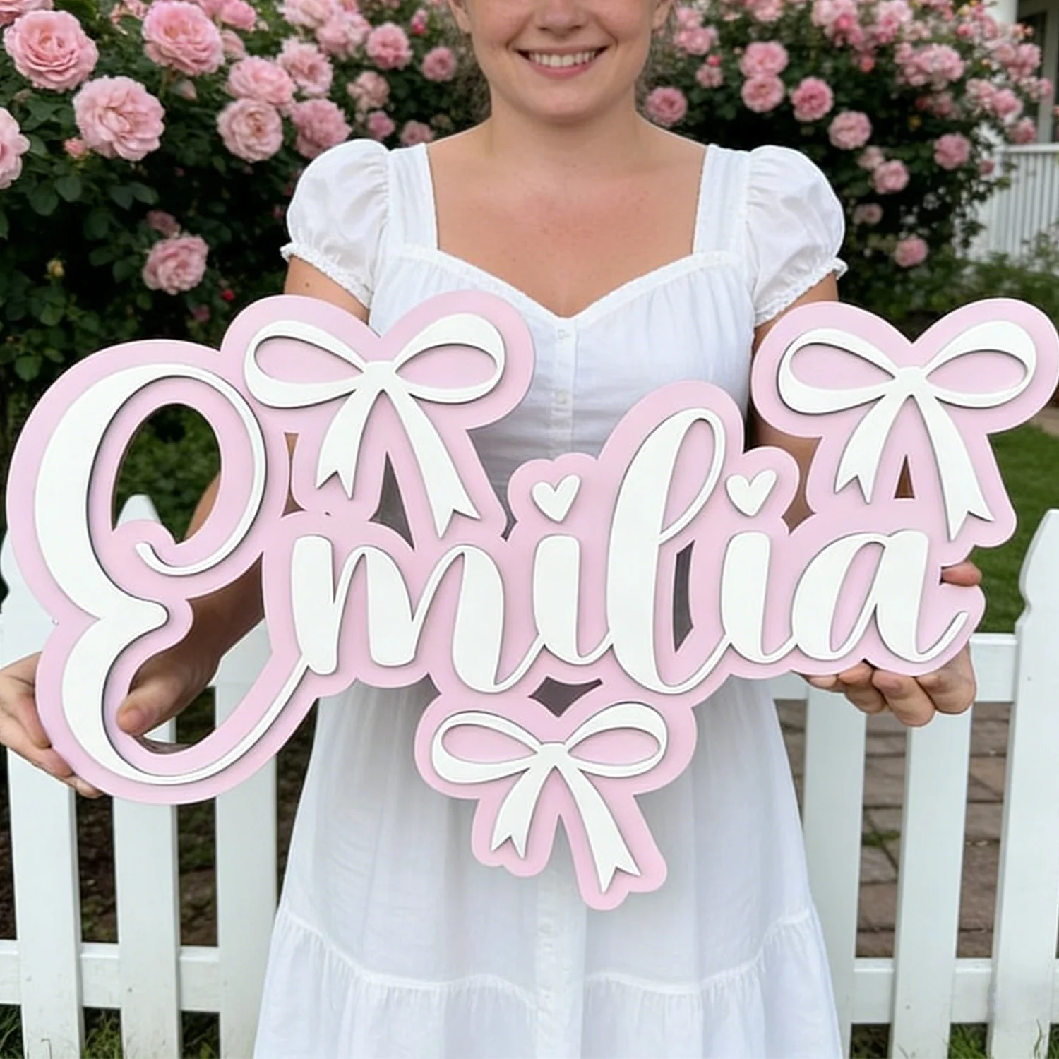 1pc Customized Double-layer Wooden Decoration Surname Brand, Cute Bow Pattern, Wall Mounted Wall Decoration Gift, Holiday Gift