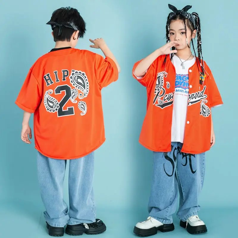 Kids Street Dance Clothing Hip Hop Costume Girls Orange Cardigan Baggy Pants Boys Kpop Costume Jazz Stage Show Wear 6 8 10 12 Y