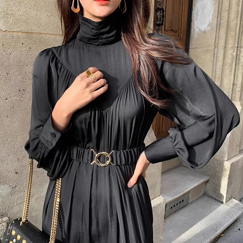 Chique outono vintage gola alta emenda design psado emaecimento manga longa camada base vestido f cintura alta es...