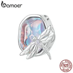 Bamoer 925 Sterling Silver Original Dragonfly Charm Glass Beads White Gold DIY For Women Fit Bracelet&Necklace Fine Jewelry DIY